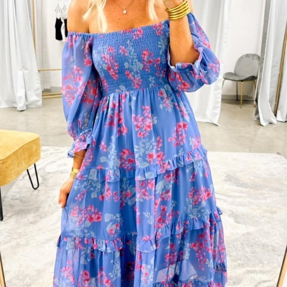 DAVI & DANI Dresses & Skirts - Elegant Floral Off-Shoulder Blue Maxi Dress